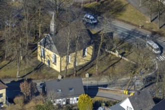 Aerial view, catholic cross chapel Am Bratzkopf, heritage-protected church building, Olpe town,
