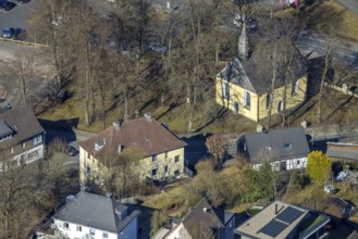 Aerial view, catholic cross chapel Am Bratzkopf, heritage-protected church building, Olpe town,