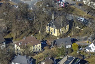 Aerial view, catholic cross chapel Am Bratzkopf, heritage-protected church building, Olpe town,