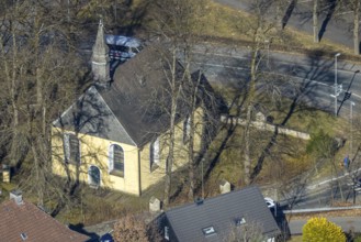 Aerial view, catholic cross chapel Am Bratzkopf, heritage-protected church building, Olpe town,