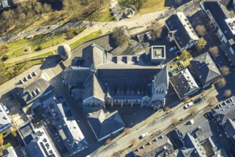 Aerial view, catholic church St. Martinus, town wall with angel tower, vertical shot, Olpe town,