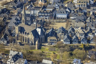 Aerial view, catholic church St. Martinus and town wall with angel tower, Olpe town, Olpe,