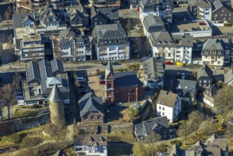 Aerial view, city wall with witch tower, evang. Church Olpe, OT Olpe youth centre and children's