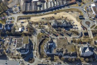 Aerial view, construction site former Olpe railway station, Olpe town, Olpe, Sauerland, North
