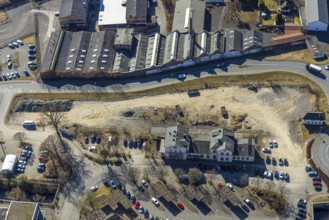 Aerial view, construction site former Olpe railway station, Olpe town, Olpe, Sauerland, North