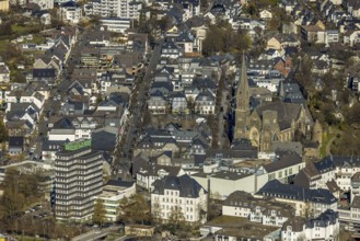 Aerial view, former Olpe railway station, left Olpe town hall, Altes Lyzeum (music school) and