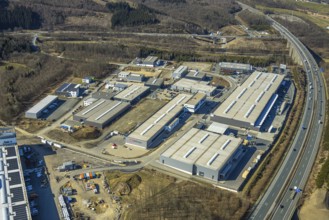 Aerial view, commercial area Nicolaus-Otto-Straße, at the motorway A45, Olpe city, Olpe, Sauerland,