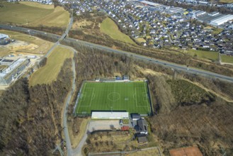 Aerial photo, football stadium sports field VfR Rüblinghausen, motorway A45, Dahl, Olpe, Sauerland,