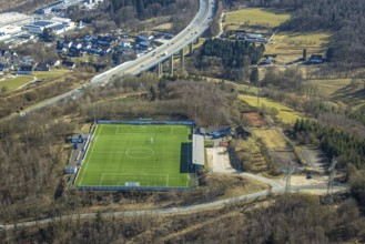 Aerial photo, football stadium sports field VfR Rüblinghausen, motorway A45, Dahl, Olpe, Sauerland,