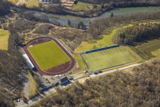 Aerial view, Kreuzbergstadion football stadium and athletics stadium with side field, river