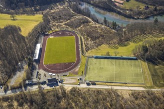 Aerial view, Kreuzbergstadion football stadium and athletics stadium with side field, Olpe city,