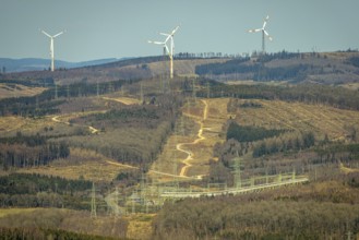 Aerial view, Altenkleusheim substation, wind turbines and distant view, forest area and forest