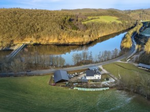 Aerial view, Haardt am Biggesee, Bürberg, Attendorn, Sauerland, North Rhine-Westphalia, Germany