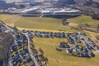 Aerial view, single-family house, housing estate and playground Ebbeblick, behind motorway A45 and
