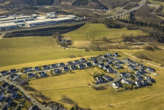 Aerial view, single-family house, housing estate and playground Ebbeblick, behind motorway A45 and