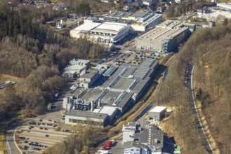 Aerial view, commercial area Im Langen Feld, Kemper Gebr. GmbH factory premises on the river Bigge,