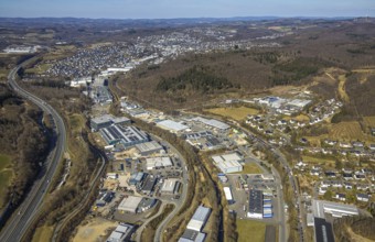 Aerial view, commercial area Im Langen Feld, left motorway A45, right forest area, view to Olpe,