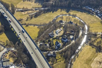 Aerial view, river Bigge and motorway A45 with viaduct. Saßmicke, motorway bridge of the Sauerland