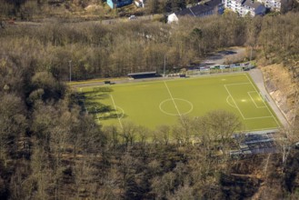Aerial view, sports field Am Brasberg football stadium in the forest, Wengern, Wetter, Ruhr area,