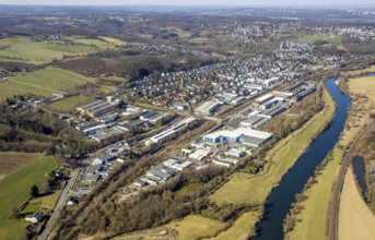 Aerial view, commercial area Auf der Bleiche with river Ruhr and residential area Osterfeldstraße,