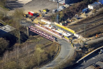 Aerial view, construction site and new bridge Auf der Bleiche over railway line, Wengern, Wetter,