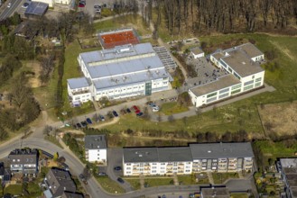 Aerial view, Georg-Müller-Schule comprehensive school with schoolyard and pupils, red football