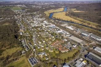 Aerial view, commercial area Auf der Bleiche with river Ruhr and residential area Osterfeldstraße,