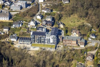 Aerial view, construction site and new construction flats with balconies, castle domicile in