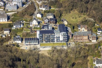 Aerial view, construction site and new construction flats with balconies, castle domicile in