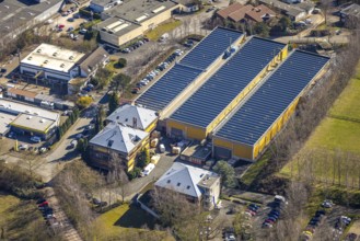 Aerial view, Taprogge GmbH mechanical engineering company factory buildings, in the industrial