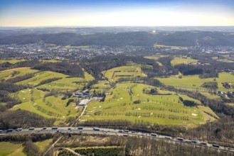 Aerial view, Golf course Gut Berge, motorway A1 with traffic jam, Berge, Gevelsberg, Ruhr area,
