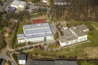 Aerial view, Georg-Müller-Schule comprehensive school with schoolyard and pupils, red football