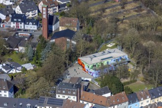 Aerial view, Kindergarten Kita Zum Ledderken, behind the evang. Christuskirche Witten, sunshine,