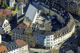 Aerial view, Kreuzkirche Lutheran Church, semicircular residential complex, Lutherstraße, Witten,