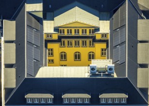 Aerial view, town hall with renovation, inner courtyard window front, shapes and colours, Witten,