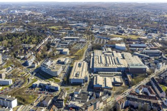 Aerial view, medical centre Pferdebachstraße with new extension and roundabout, bridge cycle path