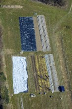 Aerial view, covering tarpaulins in the herb garden and gardening at Christopherus-Haus e.V. -