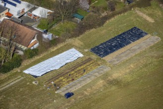 Aerial view, covering tarpaulins in the herb garden and gardening at Christopherus-Haus e.V. -