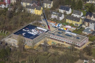 Aerial view, construction site educational quarter with new building Baedekerschule am Park der