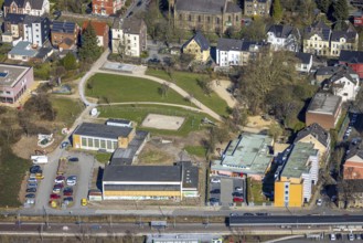 Aerial view, construction site educational quarter, park of generations with indoor swimming pool,