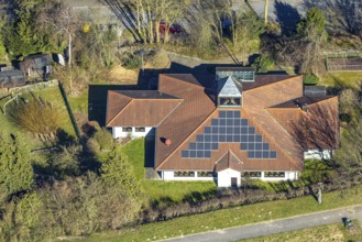 Aerial view, protestant community centre with solar roof, Brunebecker Straße, Rüdinghausen, Witten,