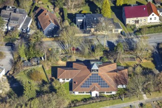 Aerial view, protestant community centre with solar roof, Brunebecker Straße, Rüdinghausen, Witten,