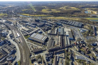 Aerial view, Deutsche Edelstahlwerke Steel Gmbh, view to the river Ruhr and into the Muttental