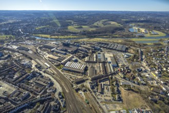 Aerial view, Deutsche Edelstahlwerke Steel Gmbh, view to the river Ruhr and into the Muttental