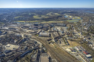 Aerial view, Deutsche Edelstahlwerke Steel Gmbh, view to the river Ruhr and into the Muttental