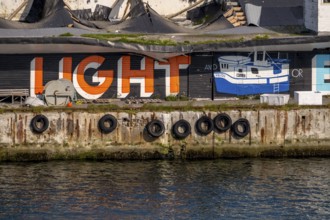 Street Art Eternal Light Eternal Night, in the harbour, Vardø, Finnmark, Norway, Scandinavia,