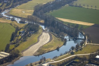 Aerial view, river Ruhr with weir, dry riverbed Am Graben, Wimbern, Wickede, Soester Börde, North