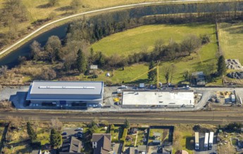 Aerial view, river Ruhr, construction site with new building on the road Zum Ostenfeld, railway