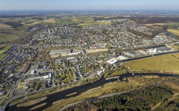 Aerial view, river Ruhr and local view residential area Wickede, Echthausen, Wickede, Soester