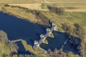 Aerial view, Fröndenberger Wehr am Fluss Ruhr, Wickede, Soester Börde, North Rhine-Westphalia,